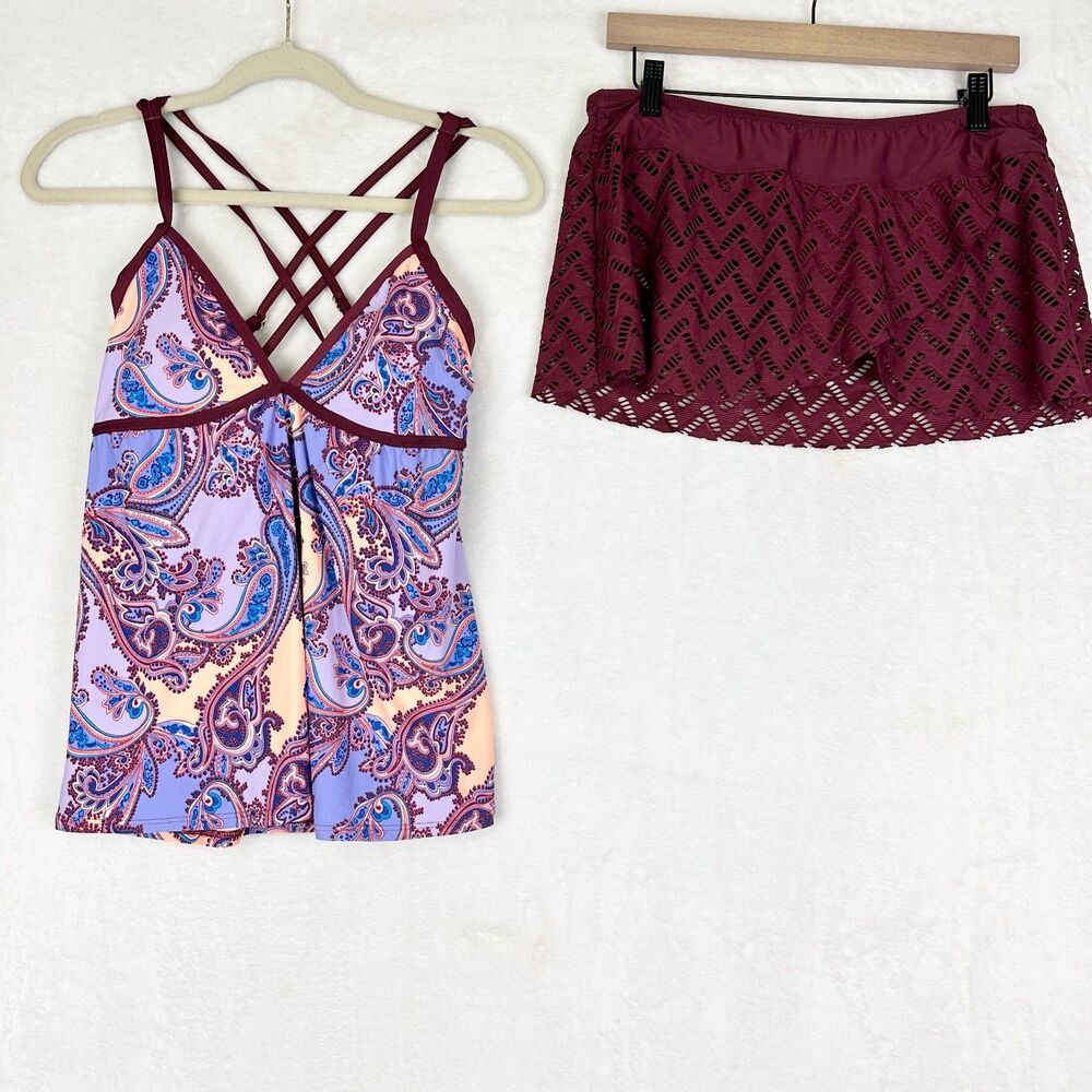 Antonio Melani Tankini & Matching Swim Skirt Size Small NWT Mulberry Paisley